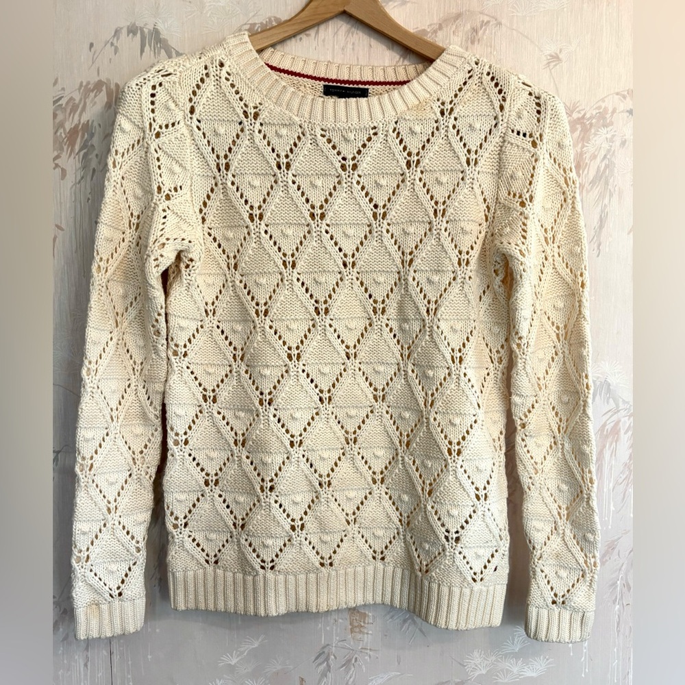 Tommy Hilfiger Cream Open Knit Diamond Pointelle Pom Pom Sweater SP